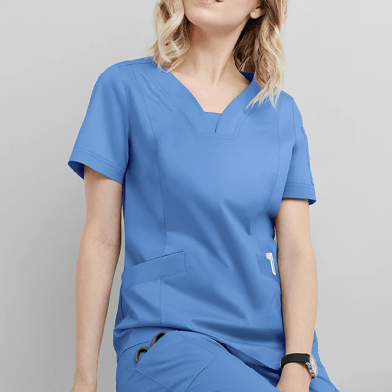 

V Neck Solid Skin Uniform Manage Work Clothes Spa Scrub Women Short Sleeve Nurses Healthcare Tunic Therapist Workwear
