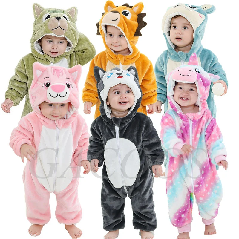 

0-4 Year Baby Kawaii Romper Boy Girl Kigurumi Unicorn Onesie Winter Suit Animal Lion Costume Home Jumpsuit Child Funny Clothes