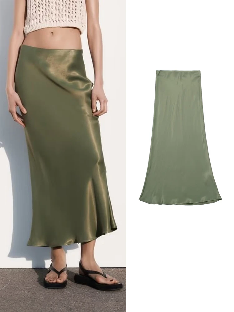 

TRAF Fashion Womens Solid Midi Skirt 2023 New Summer Female High Waist Chiffon Chic A-line Dress Vintage Mid-Calf Skirt