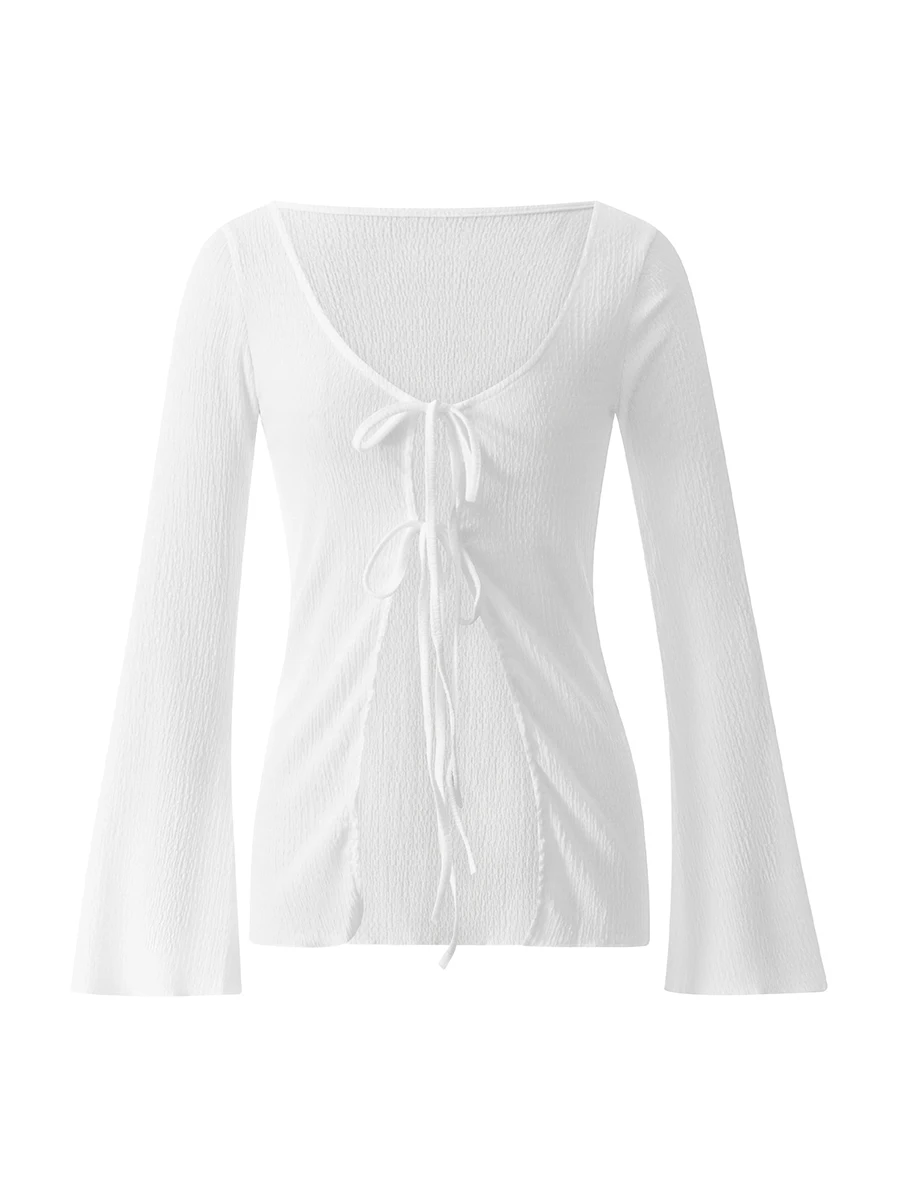 

Женский плиссированный кардиган с расклешенными рукавами, прозрачная ажурная рубашка с V-образным вырезом, осенняя блузка в стиле Харадзюк...