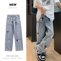 mens wide leg jeans neutral denim trousers loose straight cross patch cargo pants hip hop trend man baggy jeans pant 2022 new
