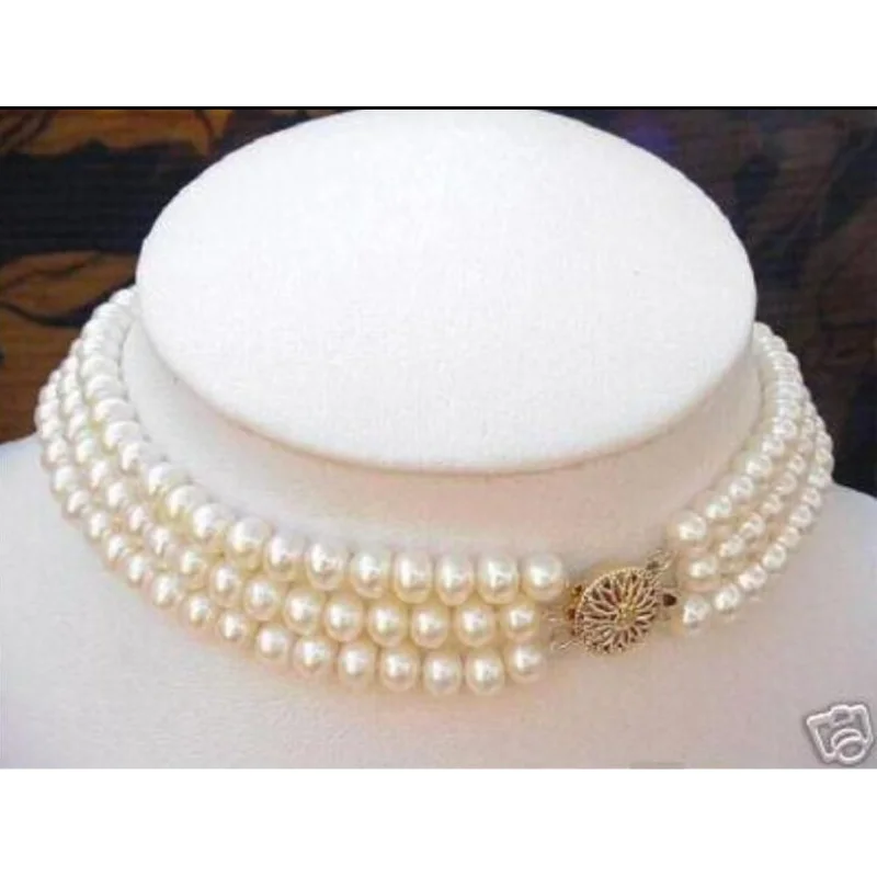 

Real charming south set 3 Strand 8-9MM natural White Pearl Choker Necklace c