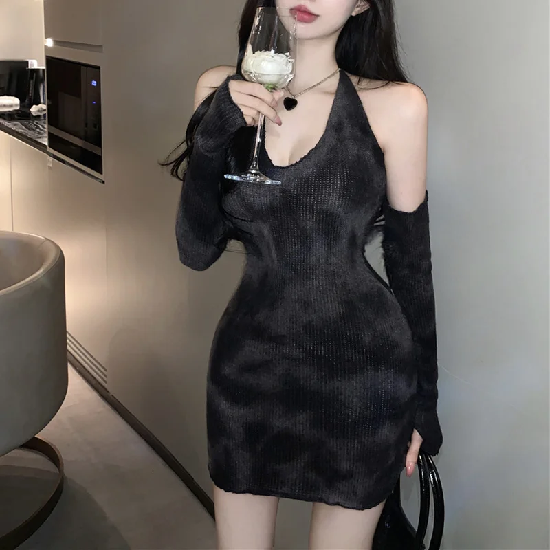

Y2k Tie-dye Strapless Halter Neck Suspender Short Dress Women's Fall/winter Long Sleeve Dress