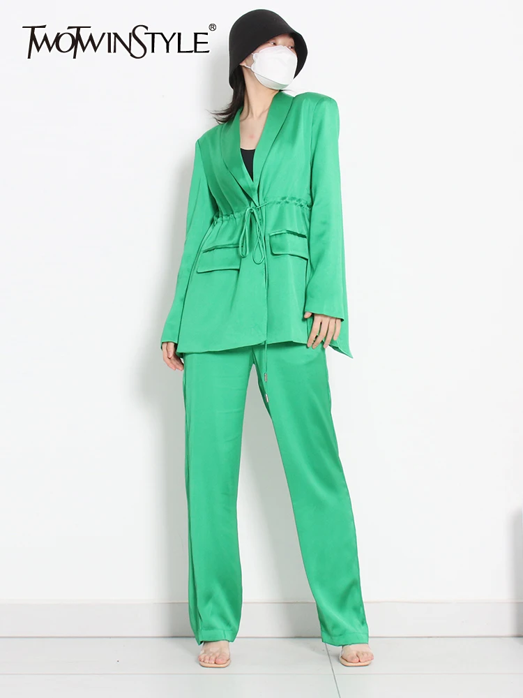 

TWOTWINSTYLE Casual Two Piece Set Womens V Neck Long Sleeve Tops High Waist Wide Leg Pants Solid Sets Female Clothing Style New