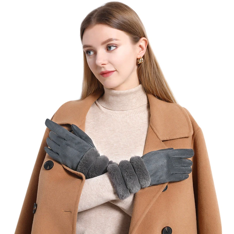 

Женские утолщенные замшевые перчатки, меховые варежки для сенсорного экрана, флисовая подкладка, однотонные, сохраняющие тепло, элегантные уличные