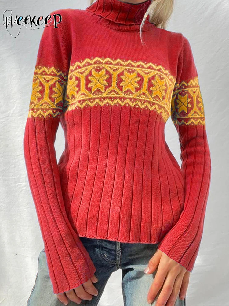 

Женский красный свитер с высоким воротником Weekeep, повседневный Повседневный пуловер с графическим принтом и длинным рукавом, осенне-зимняя ...