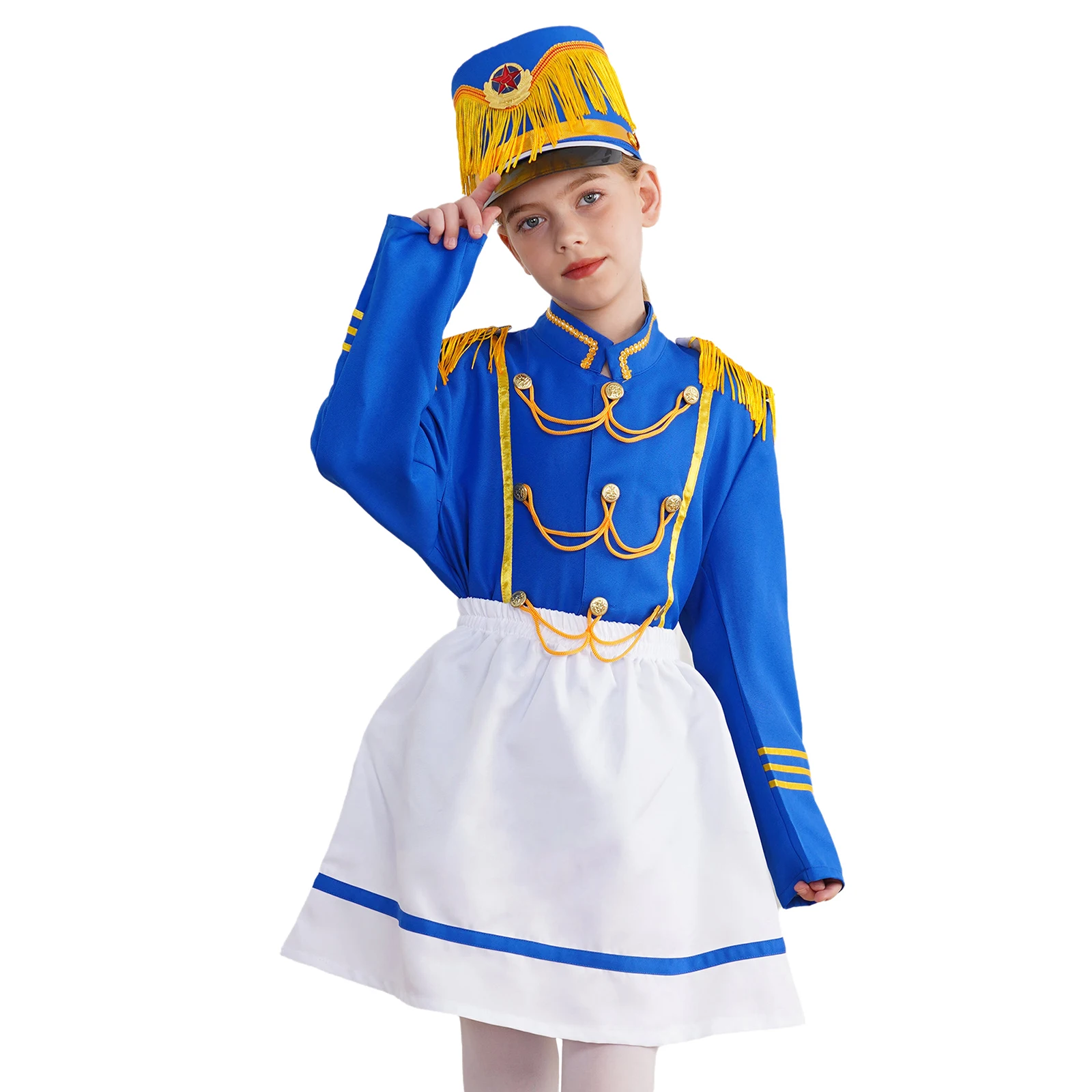 # 140-170 костюм барабанной трубы для девочек Team Honor Guard топ с юбкой и кепкой комплект