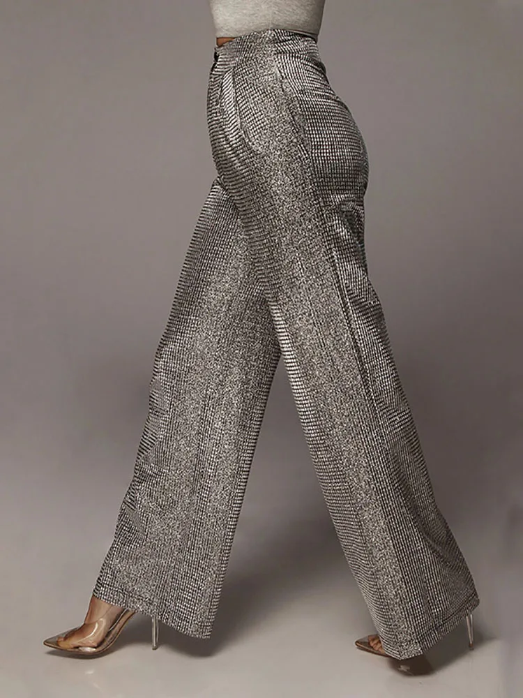 

Женские блестящие Серебристые широкие брюки с блестками; Эластичная Клубная одежда с высокой талией; Деловые женские брюки; Мода 2022 года; Ви...