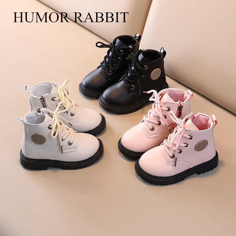 Autumn Winter Girls New Children Boots Boys Leather Boots Plush Fashion Waterproof Non-slip Warm Girl Shoes for Kids Size 21-30