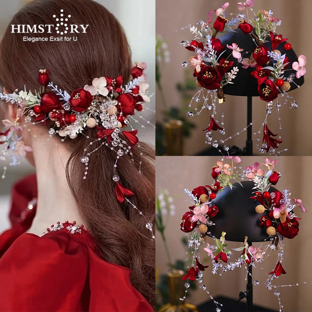 

HIMSTORY праздничные заколки ручной работы с красными цветами аксессуары для девочек Новогодние рождественские свадебные головные уборы