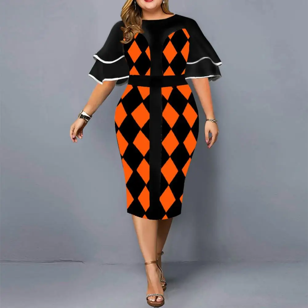 

Geometric Pattern O Neck Hip Wrap Dress Plaid Layered Sleeve Mid-Calf Formal Dress Spring Autumn Digital Print Dress For Party