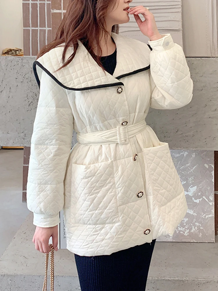 

Ailegogo Autumn Winter Women Turndown Collar Warm 90% White Duck Down Parka Casual Female Single Breasted Down Coat with Belt