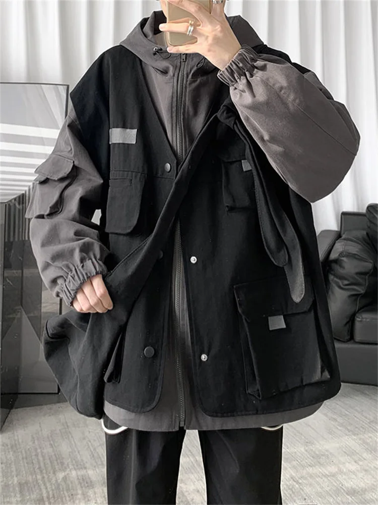 

Куртка-карго в стиле сафари для мужчин и женщин, мешковатая верхняя одежда с имитацией двух предметов, черная ветровка в стиле ретро