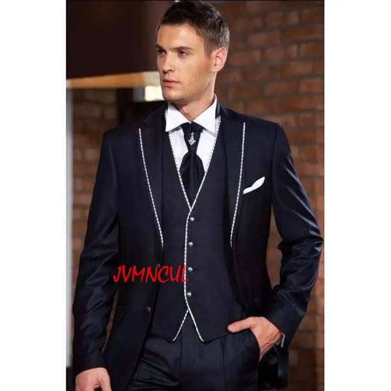 

2022 Custom Made Navy Blue Coat Mens Slim Fits Suits Tuxedos Grooms Suits 3Pcs Wedding Suits Formal Party Men Blazers+Pants+Vest