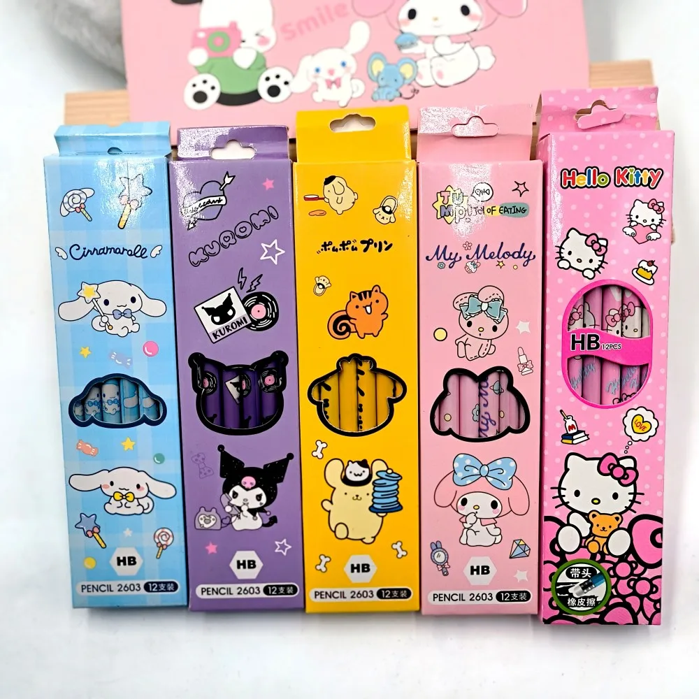 

Sanrio HB Pencil Hello Kitty Kuromi Cinnamoroll My Melody Student Stationery School Supplies Student Prize 12Pcs Pencil Gifts
