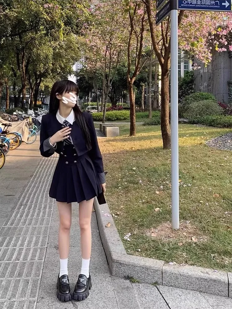 Preppy Jk Uniform Set Spring and Autumn American Short s Gyaru Shirt High Waist Pleated Skirt Three-Piece