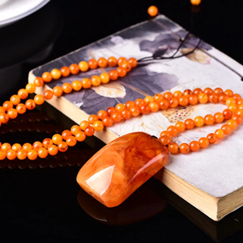 

Natural Baltic Amber Pendant Necklace Men Women Yellow Beeswax Butter Ambers Rectangular Charm Beaded Sweater Chain Lucky Amulet