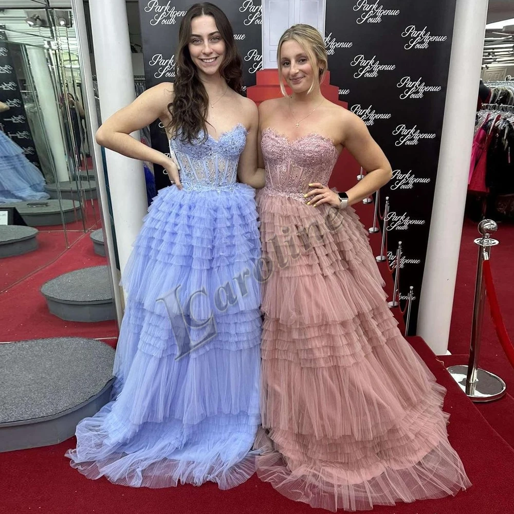 

Caroline Elegant Strapless Layered Evening Party For Women Appliques Lace Corset Tulle Robes De Soirée Customised Drop Shipping