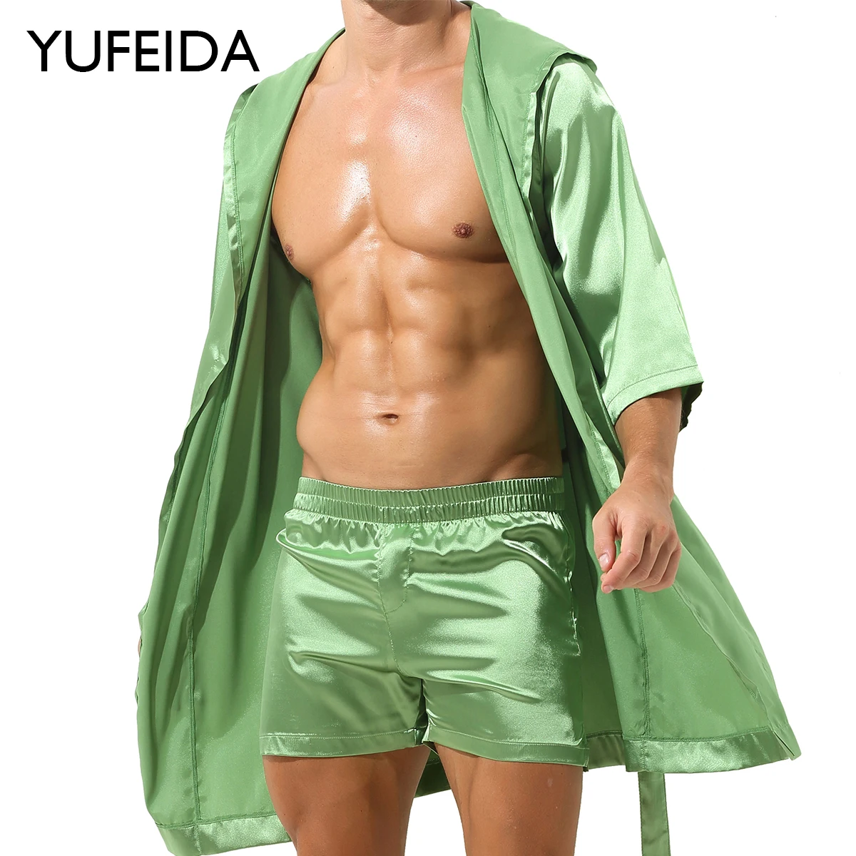 

YUFEIDA Hot Selling Mens Summer Bathrobe Male Silk Half Sleeve Bath Robe Sexy Mens Dressing Gown Sleepwear Bathrobes with Shorts
