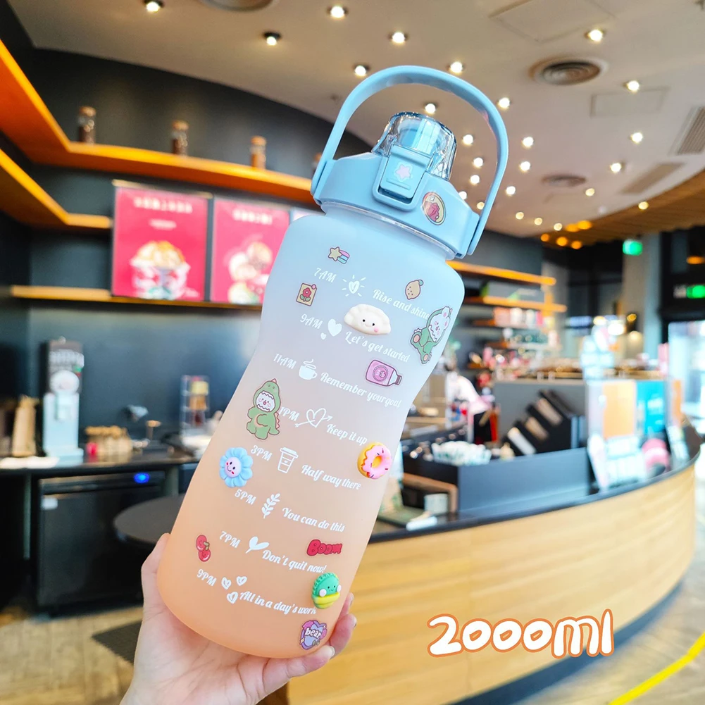 

2000ml Stickers Water Bottle with Straw Cute Gradient Color Portable Free Motivational With Time Marker Sports Cup Drop Shipping