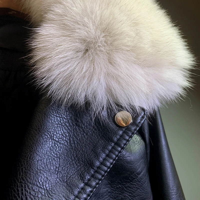 Fashion Leather Jacket Woman 2022 Autumn and Winter Motorcycle Women's Handsome Real Fox Fur Slim Pu Leather Short Coat Women