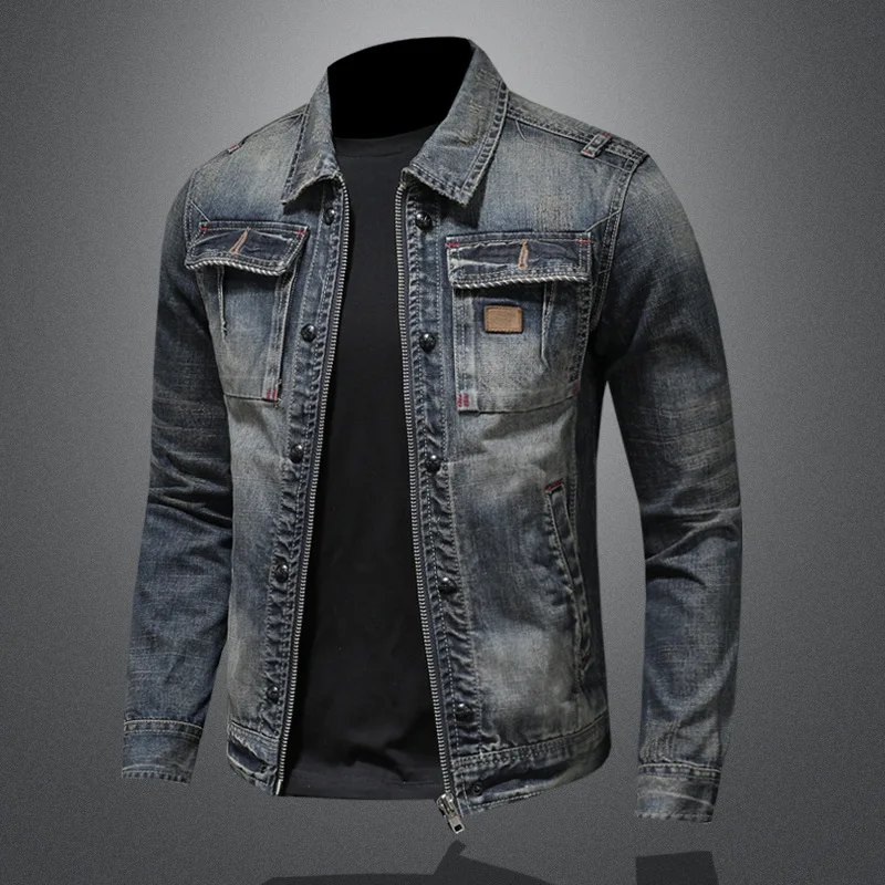 Motorcycle denim jacket men 100% cotton spring 2023 new personality zipper lapel vintage denim coat for men Asian size M-5XL