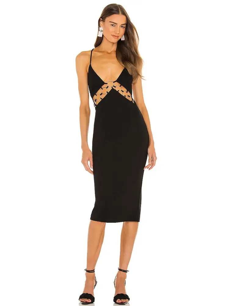 

2022 Summer New Women'S Sexy Sleeveless V Neck Backless Hollow Out Bodycon Celebrity Club Party Midi Dress Vestidos