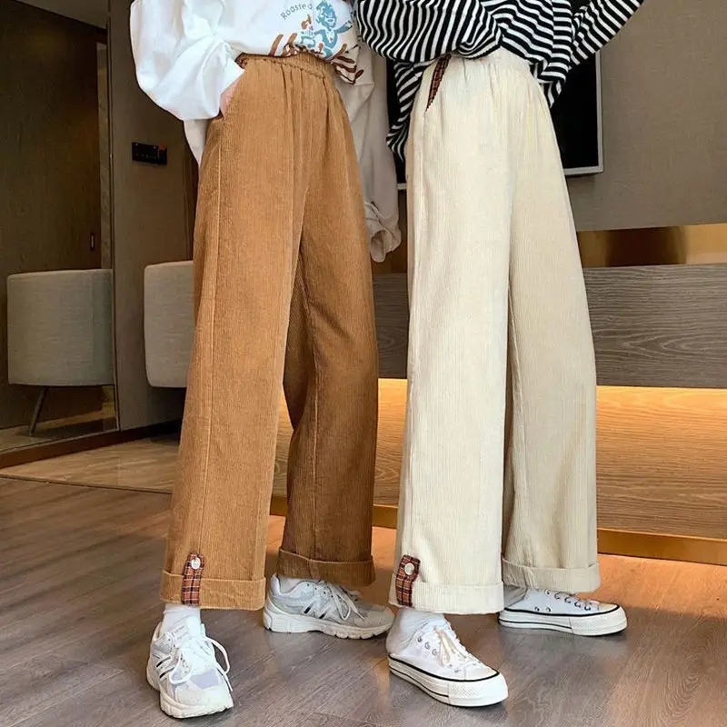 

Corduroy Straight Trousers for Women Streetwear High Waisted Pants Spring Bottoms Wide Leg Pants with Rolled Hem Casual Pants