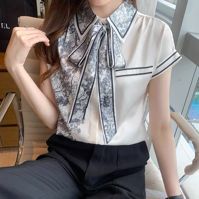 

Satin Loose Women Blouse Summer New Casual Fashion Short Sleeve Top Stitching Bow Turn Down Collar Shirt 1032E