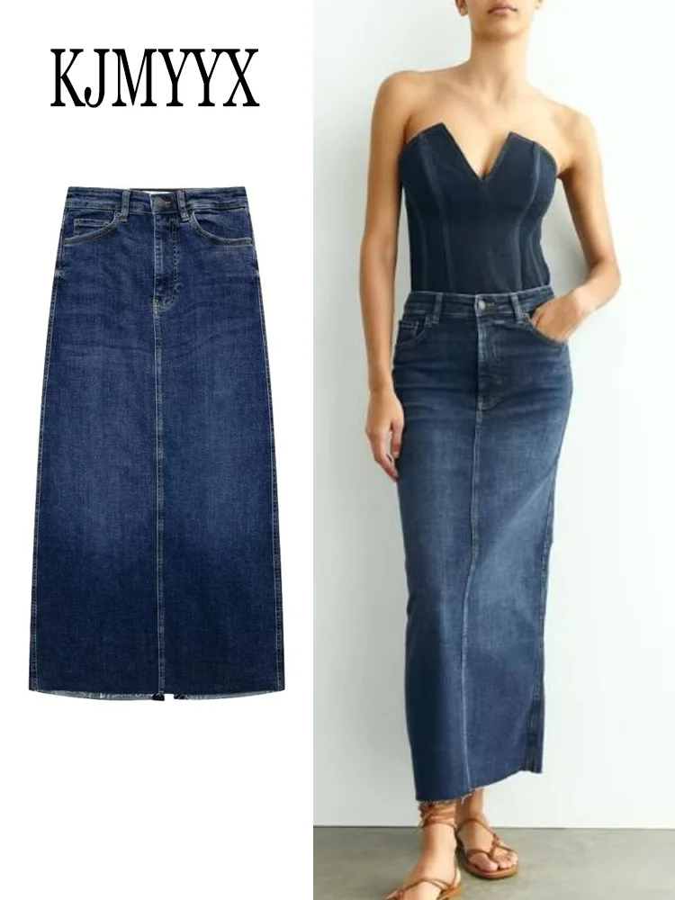 

KJMYYX 2023 Summer Women's Front Slit Blue Denim Skirt Pockets High Waist Slim Zipper Split Hem Skirts Female Casual Streetwear