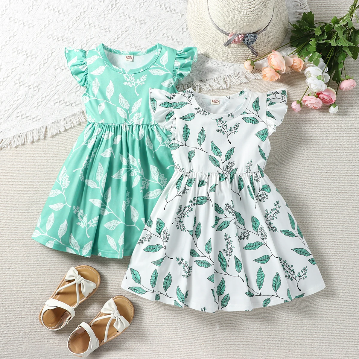 Летнее трикотажное платье для девочек с длинным рукавом и принтом листьев