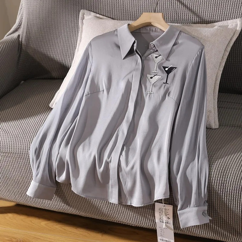

Blouse Women 2022 Summer Casual Solid Color Pure Silk Shirt Lapel Long Sleeve Single Breasted Placket Embroidered Decoration