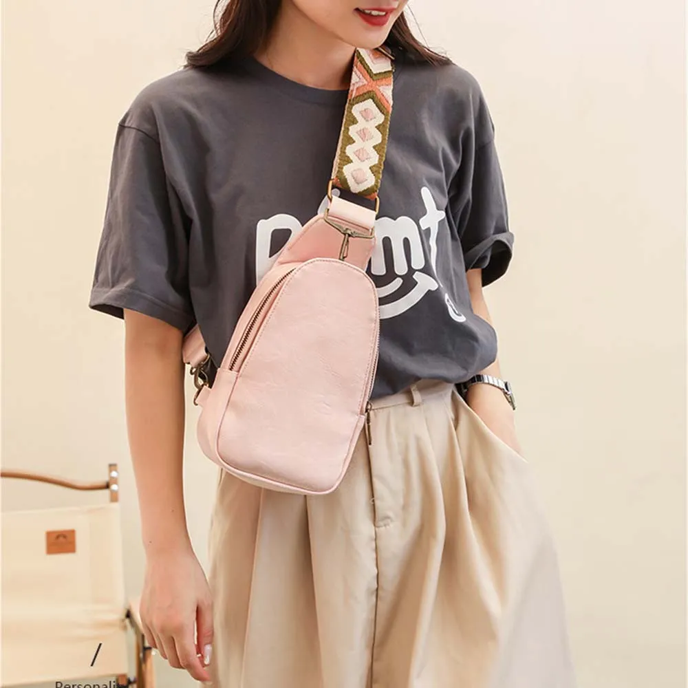 Vegan PU Leather Sling Bags Women Fashion Versatile Guitar Strap Crossbody Chest Bag Female Casual Vintage Boho Fanny Packs