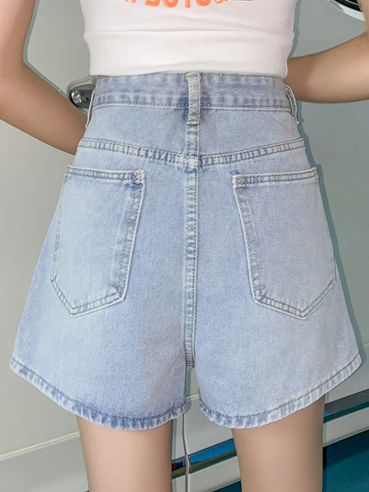 New Spring Summer Women High Waist Loose Blue Denim Shorts Casual Female Button Wide Leg Jeans Shorts Ladies Bottoms