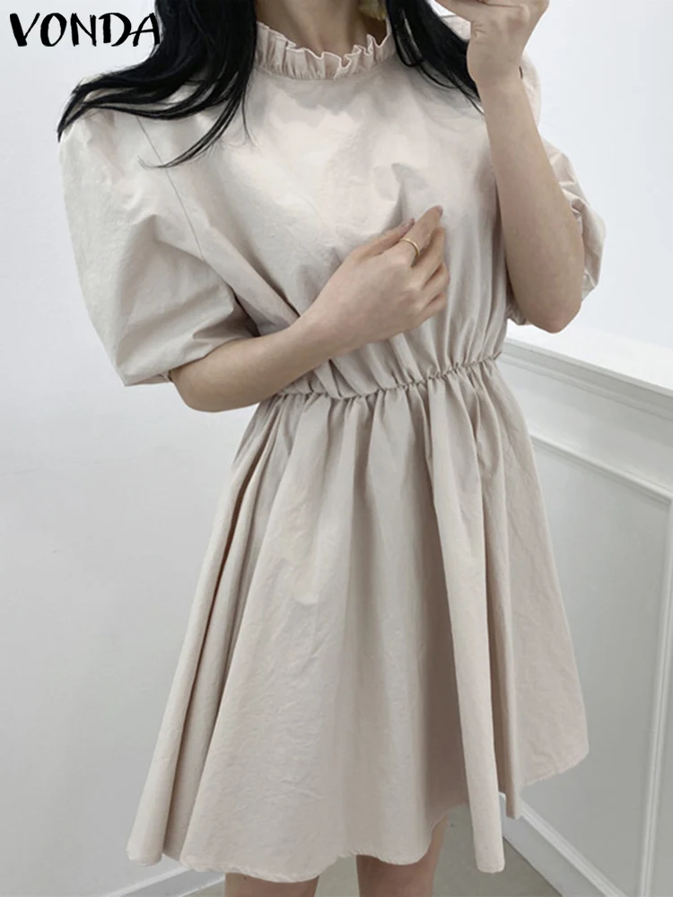 

Summer Robe VONDA Women Dress 2022 Vintage Half Sleeve Pleated Short Dresses Casual Holiday Plain Tunic Vestidos Oversized