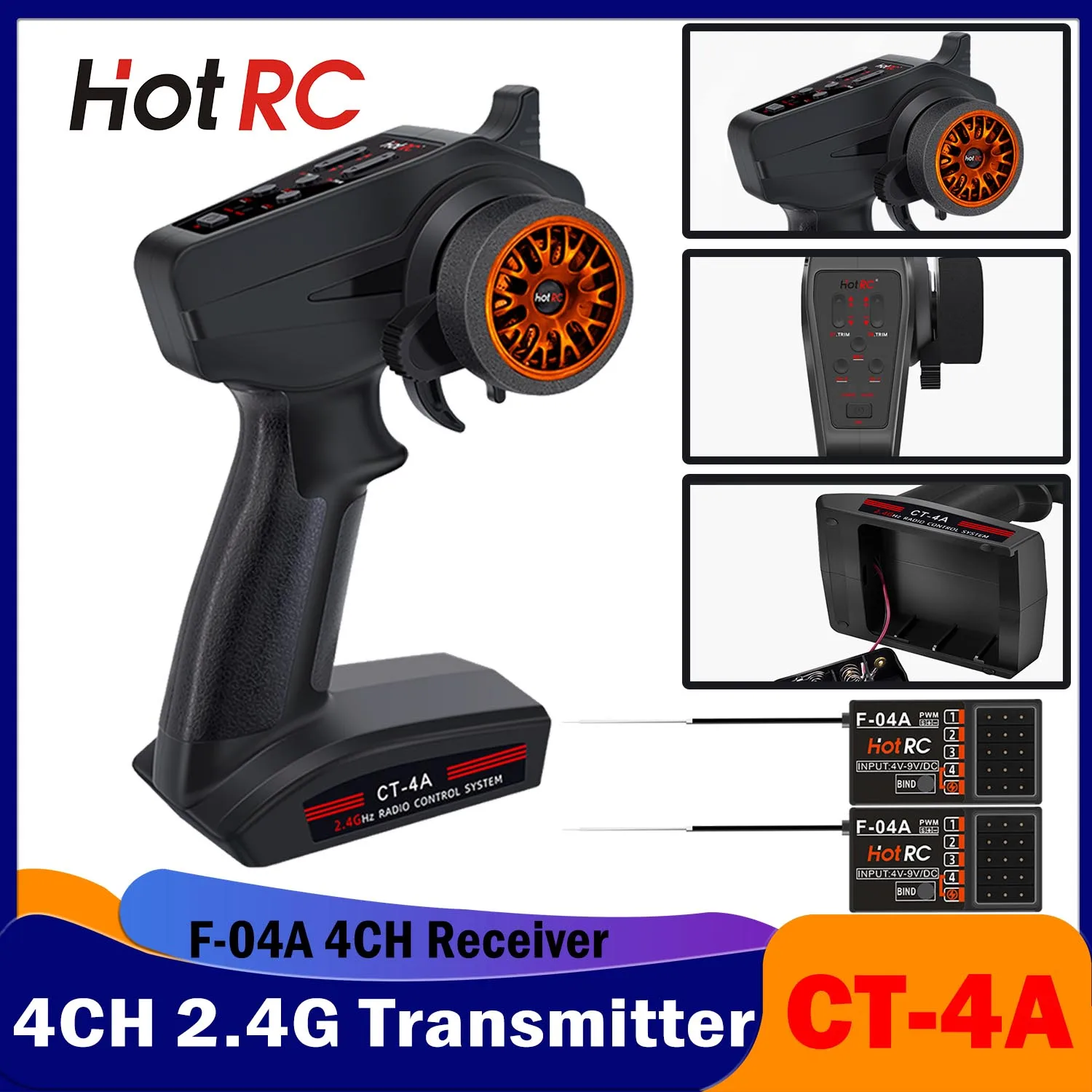 

HotRC 4CH 2.4GHz CT-4A Remote Control FHSS Transmitter PWM Radio System with F-04A Receiver for RC Car Boat Tank Crawler Ship