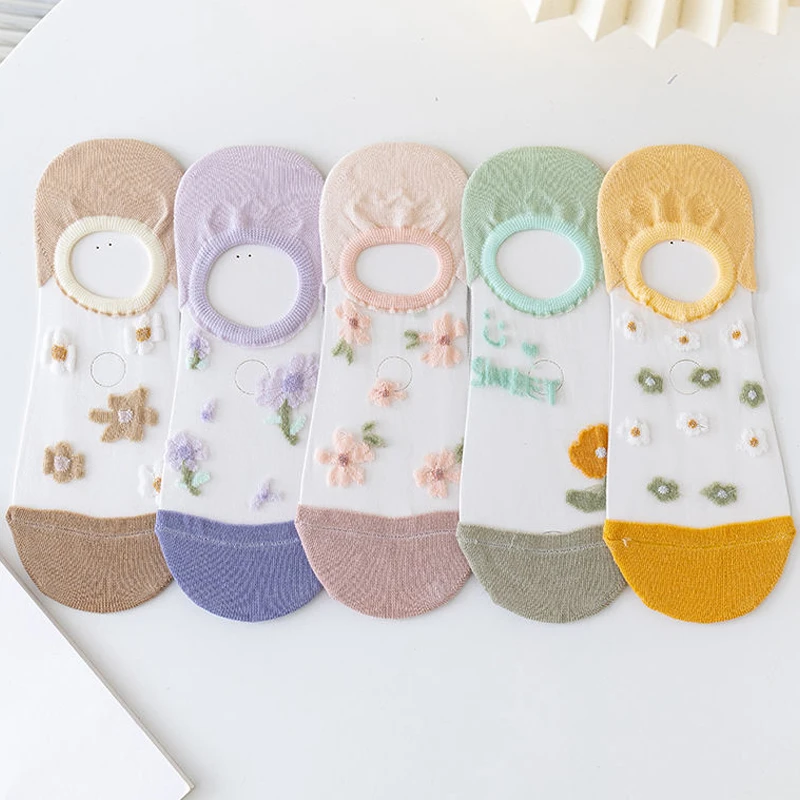2023 летние тонкие женские носки, японские милые модные хлопковые носки-лодочки с цветами, сетчатые дышащие невидимые женские короткие чулки