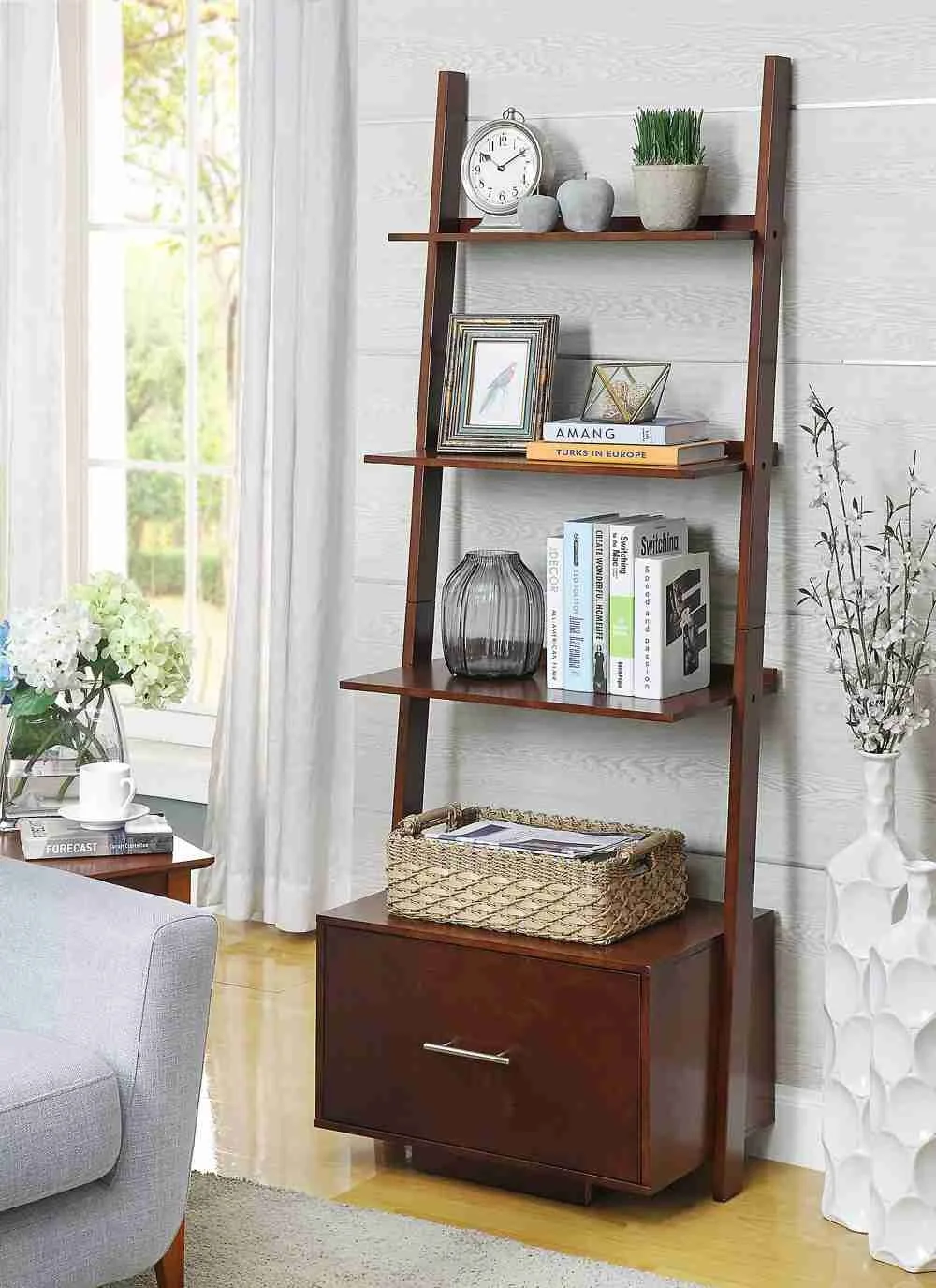 Heritage Ladder Bookcase with File Drawer, Espresso Book Rac