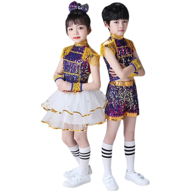 

Children Jazz Costume Boys and Girls Kindergarten Dance Princess Pompous Yarn Group 61 Host Sequined Fringe Jazz Costume