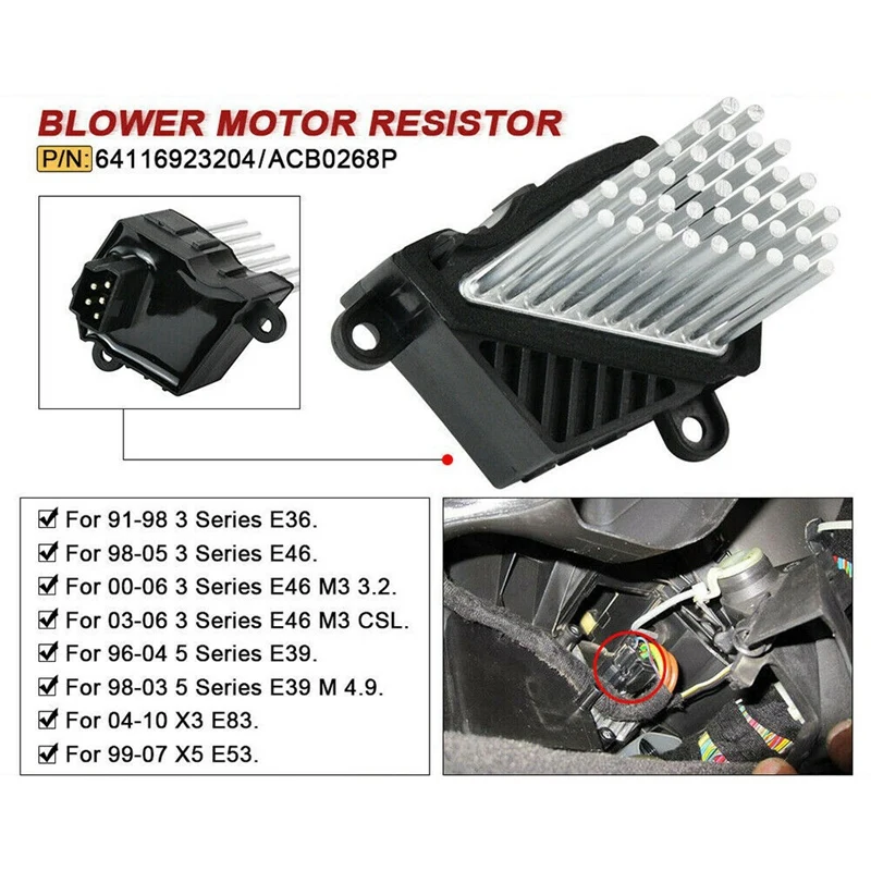 

Heater Blower Motor Resistor For -BMW E46 E39 X5 X3 1997-2006 64116923204 64116929486 64118385549