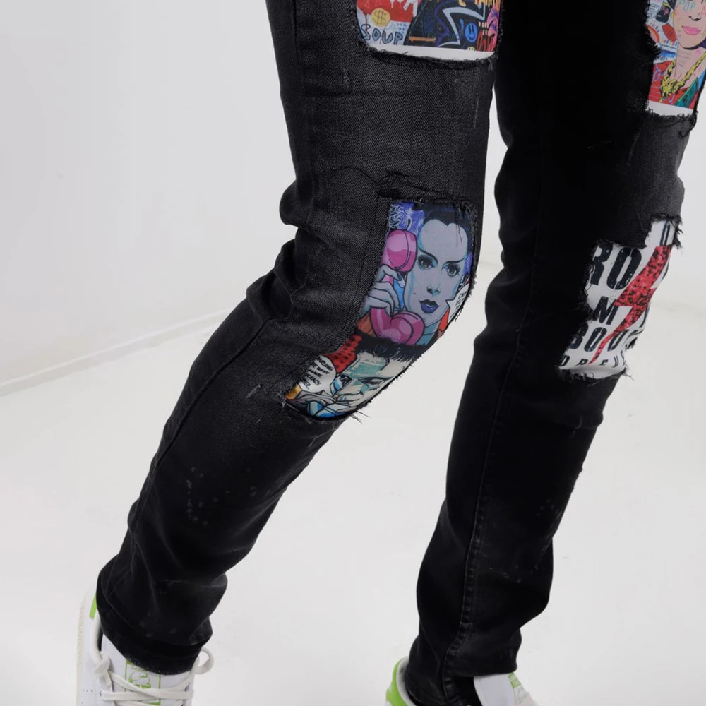 Trendy Men Make Old Washed Printed Pattern Jeans Street Sports Look Thin Design Small Feet Pants Micro Elastic Casual Trousers