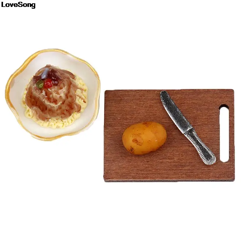 

New 1Set 1:12 Dollhouse Miniature Potato Salad Bowl W/Chopping Block Kitchenware Food Model Decor Toy DollHouse Accessory