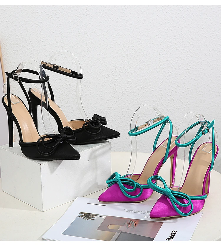 

Женские босоножки с бантом-бабочкой, шелковые туфли с острым носком и пряжкой, туфли-лодочки на высоком тонком каблуке для вечеринки, новинк...