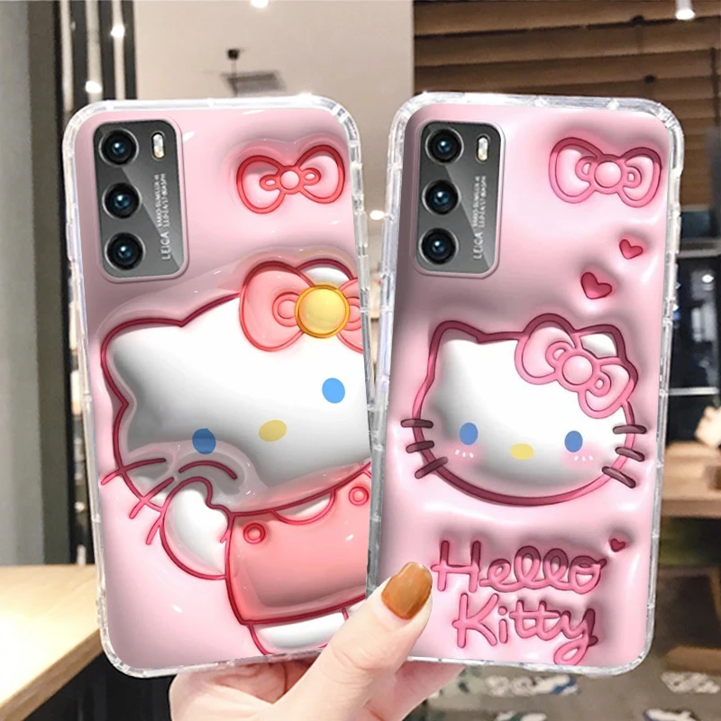 

3D Vision Sanrio Hello Kitty Phone Case For Huawei P50 P40 P30 P20 Lite Mate 50 Nova 10 Y90 Y61 Y70 Plus 9 Pro 5T Transparent