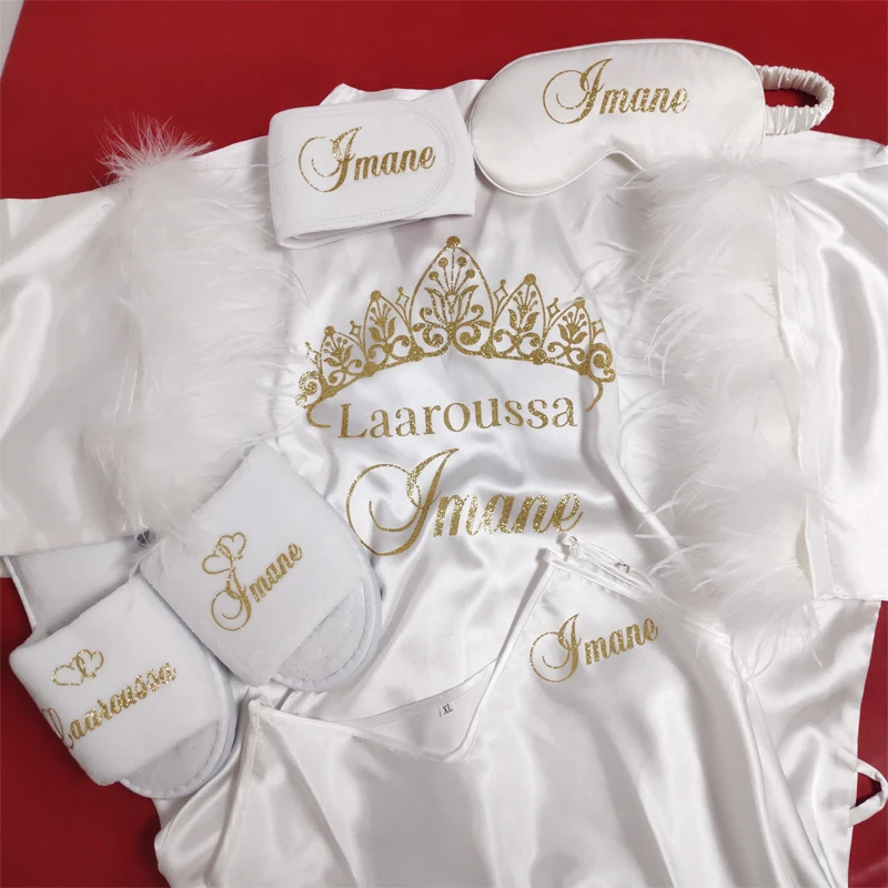 Personalized Name Date Feather Bathrobe Nightgown Set Bride Wedding Robes Bridal Party Bachelorette Preparewear