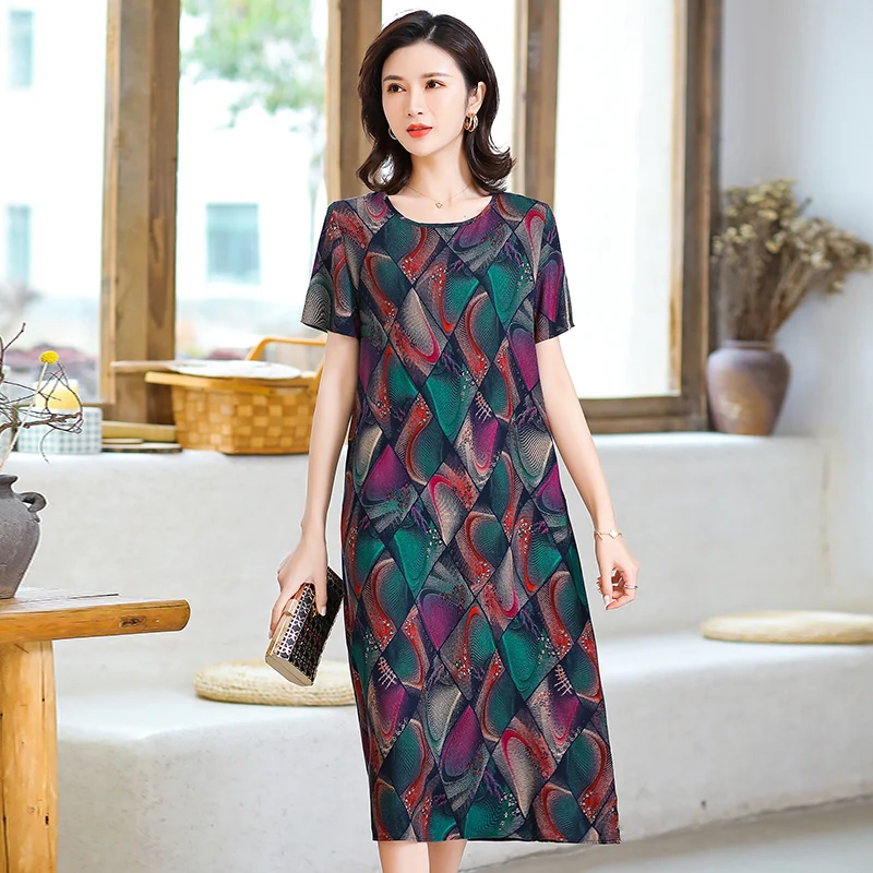 

Summer Middle-aged Women Dress 2022 Loose Comfortable Print O-Neck Short Sleeve Summer everyday Dress Women Casual Long Dress