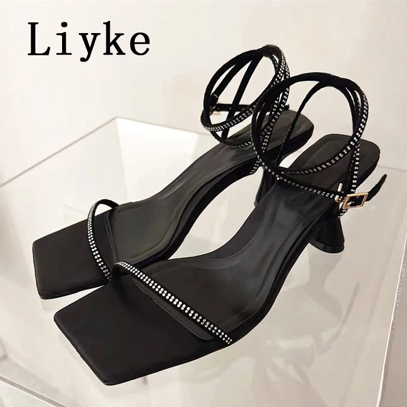 

Liyke Size 35-40 Women's Shoes Sandals Outdoors Street Style Square Toe Crystal Rhinestone Summer Gladiator High Heels Sandalias