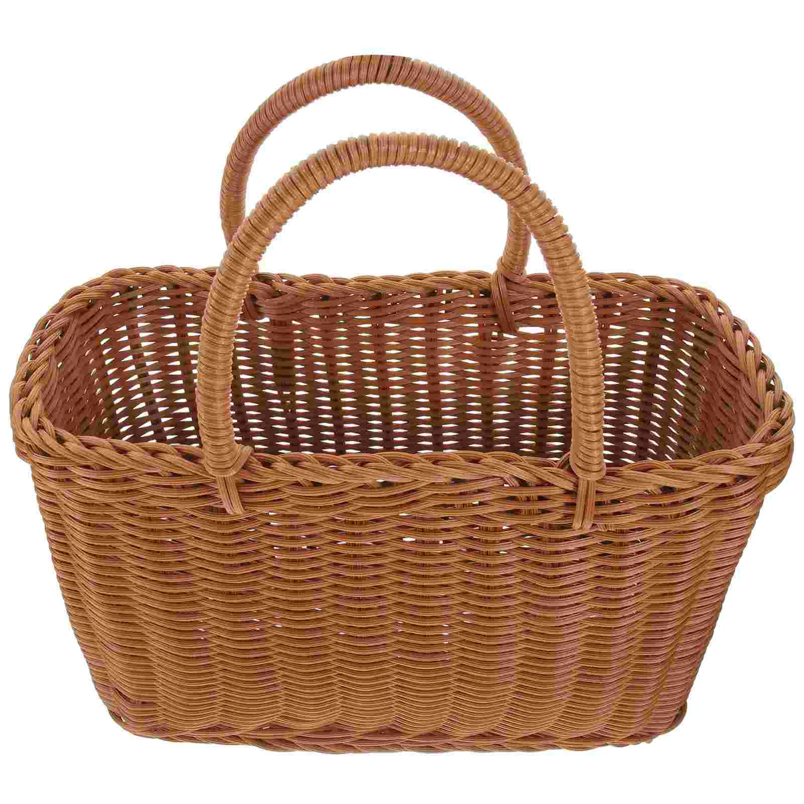 

Woven Grocery Basket Poly Wicker Market Bag Handles Shopping Tote Rustic Farmhouse Picnic Home Outdoor