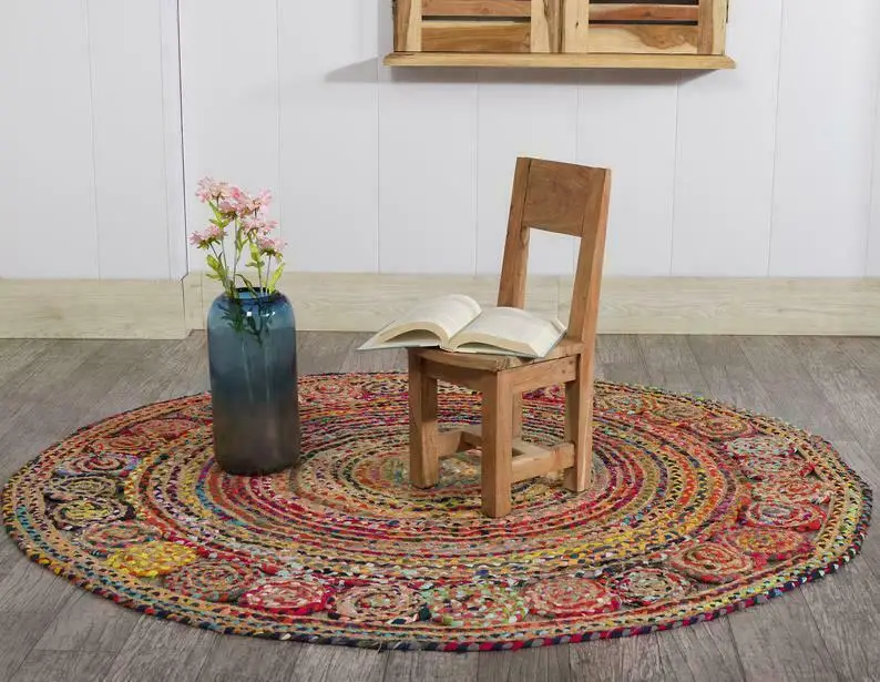 Rug 100% Natural Jute Cotton Round Reversible Area Carpet Modern Home Decor Rugs- carpet  rug  living room decoration