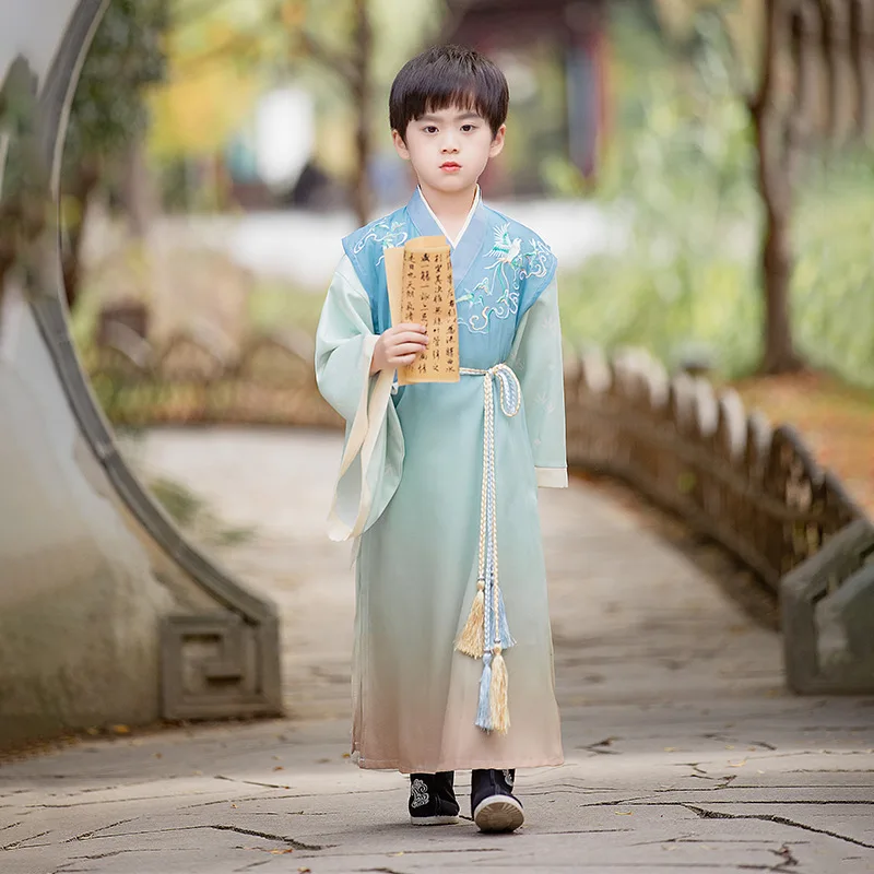 

Костюм ханьфу для мальчиков в китайском стиле с вышивкой птиц, сценическая одежда, детский старинный Косплей Hanfu для детей